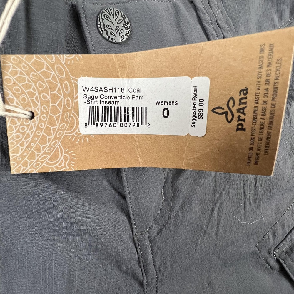PrAna Sage Convertible Pants Womens 0 Gray Coal Hiking Travel Quick Dry Stretch - Picture 5 of 16